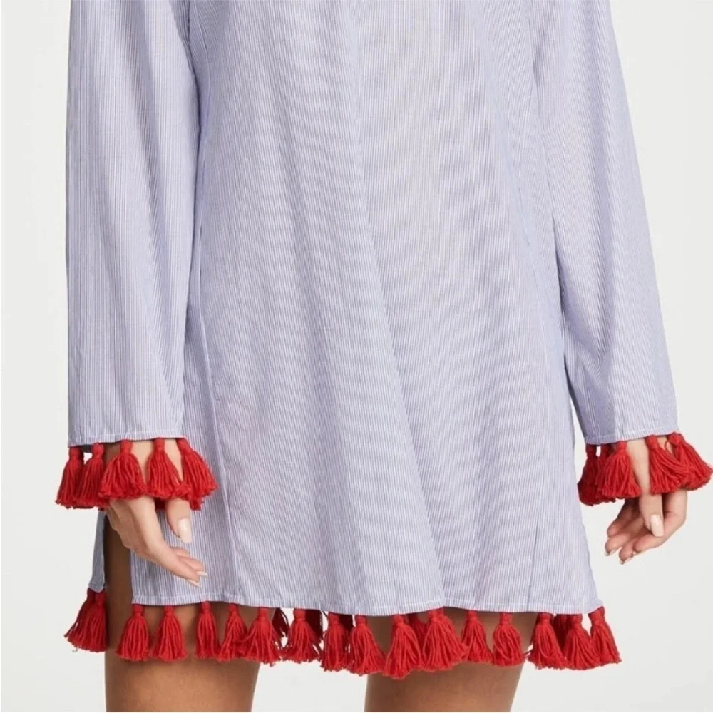Tory Burch Sandy Beach Tunic Cover Up S Blue White Stripe Red Tassel